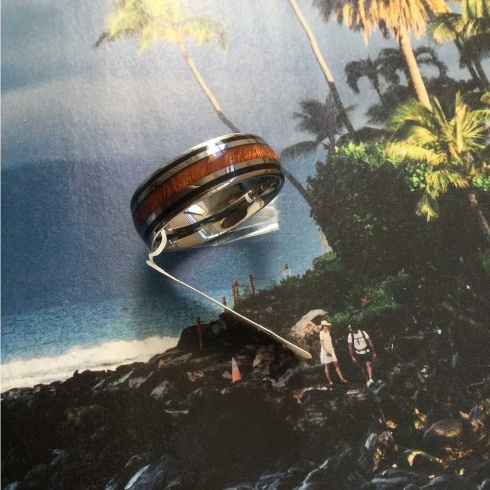 HAWAIIAN Tungsten ring,Koa wood and Black Enamel band,Unisex.Comfort-fit ring.